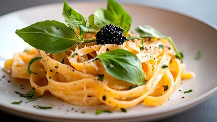 A plate of pasta topped with fresh basil, black caviar, and seasoning, creating an elegant dish. Concept Pasta Elegance, Fresh Basil, Black Caviar, Gourmet Seasoning, Culinary Presentation