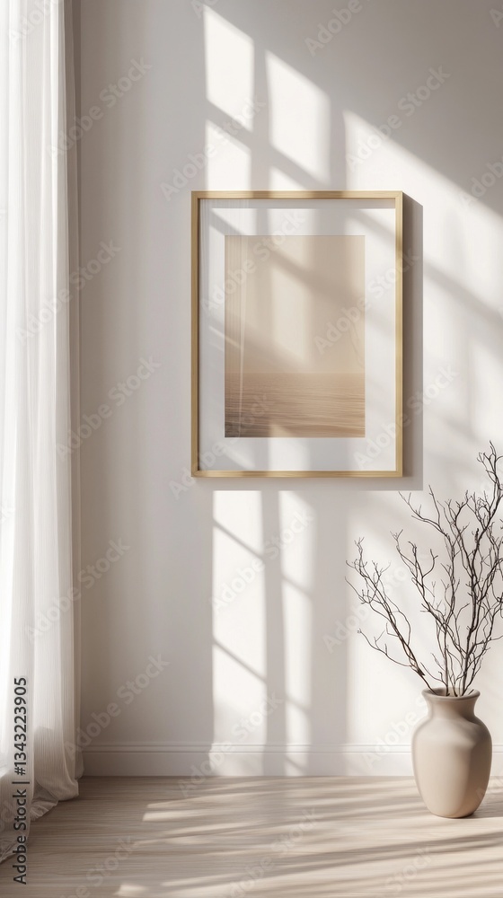 Aufkleber Sunlight streams through sheer curtains, casting soft shadows across a tranquil room featuring a minimalist artwork and a simple vase with bare branches, creating a calming atmosphere
