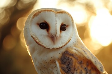 Majestic barn owl perched at sunset with a soft golden background and striking facial features