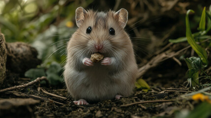 A detailed shot of a hamster holding a tiny piece of food in its paws.