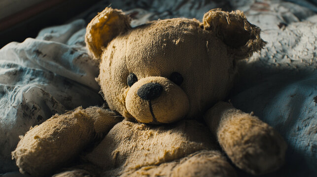 A detailed shot of a teddy bear&acirc;s soft, worn-out fabric, exuding childhood nostalgia.