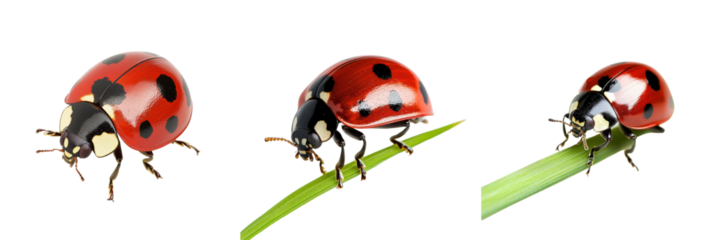 A Set of Cute Ladybug with Glossy Red Shell and Black Spots Crawling on Grass Isolated on Transparent Background
