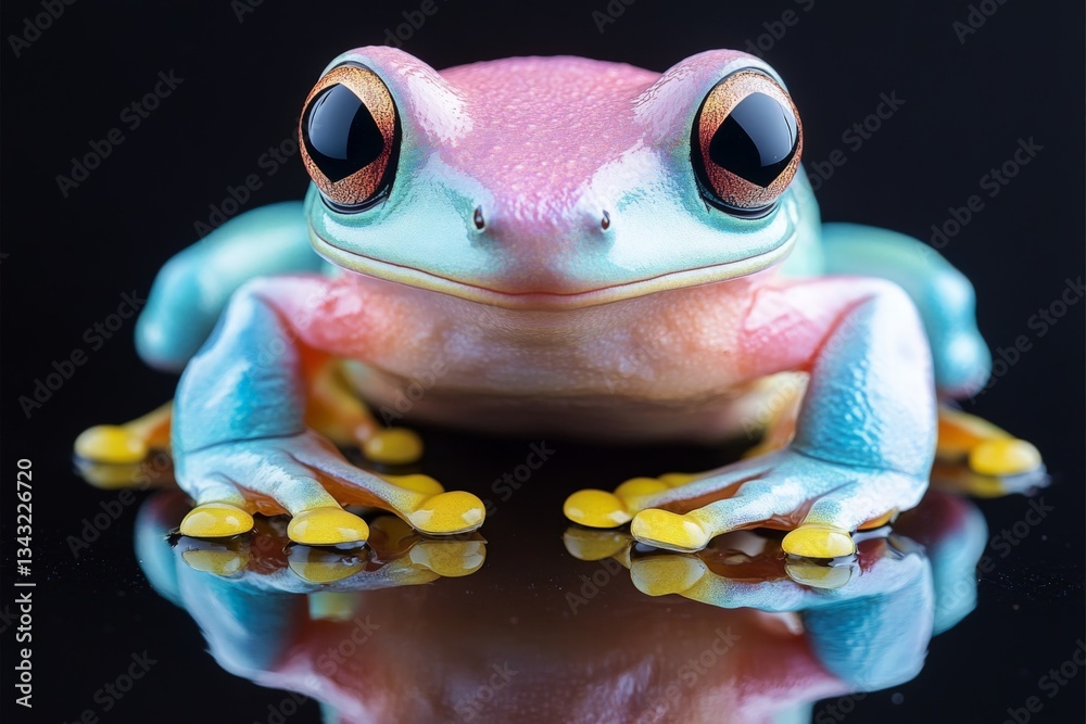 Poster Colorful frog perched on a reflective surface showcasing vivid colors and intricate patterns in a serene setting