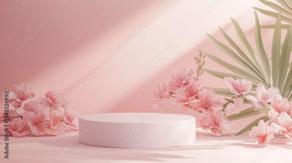 Poster soft pink mauve tones envelop the circular platform surrounded by lush florals, inviting a touch of 