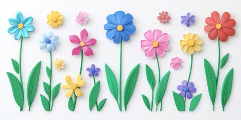 Obraz premium 3d illustration of spring flowers on grass field, daisy and tulips on green grass. Cartoon modern style