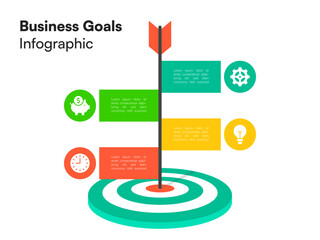 Vertical Goal Infographic with Red Arrow and Colored Step Boxes Leading to Target Center with Icons
