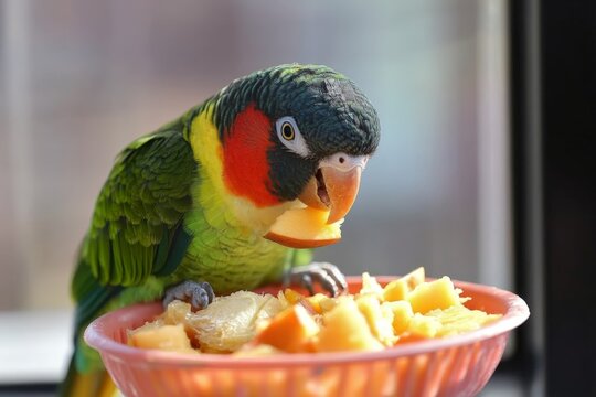 Colorful bird enjoying a feast of fresh fruit in a sunlit setting with vibrant colors