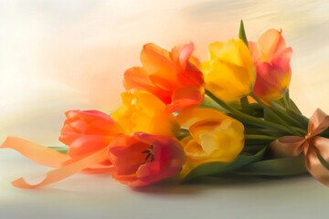 Vibrant bouquet of tulips in warm hues of orange and yellow, elegantly tied with ribbon. Ideal for spring-themed designs, greetings, or floral decorations.