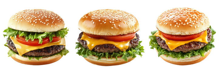 A Set of Delicious Cheeseburger with Lettuce, Tomato, and Melted Cheese on Sesame Bun Isolated on Transparent Background