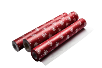 Festive red wrapping paper rolls adorned with white snowflakes, perfect for holiday gift-giving during winter celebrations