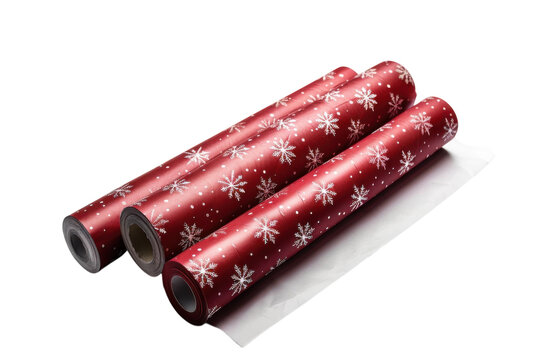 Festive red wrapping paper rolls adorned with white snowflakes, perfect for holiday gift-giving during winter celebrations