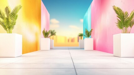 Colorful Pastel Walls  Plants  Minimalist Modern Design  Bright Background