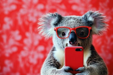 Koala wearing glasses takes a selfie with a smartphone against a vibrant red background