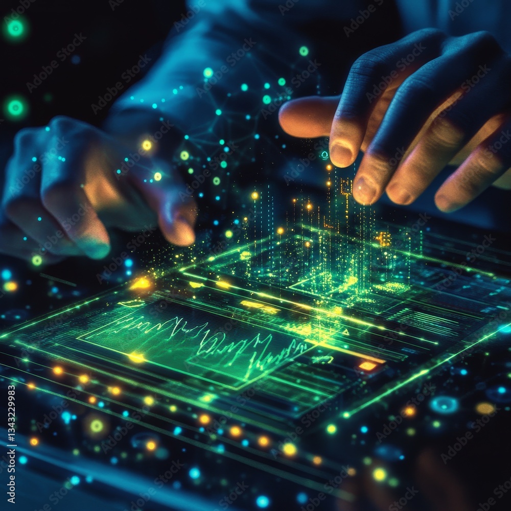 Leinwandbilder Interactive Data Analysis: Person Interacting with Digital Interface Displaying Complex Visualizations.