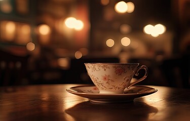 Fototapeta premium Elegant teacup on wooden table in cozy cafe