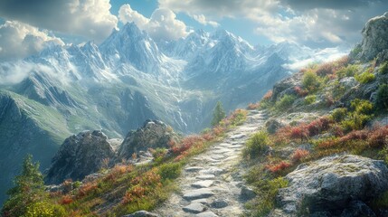 Majestic mountain panorama with serene pathway and vibrant alpine vegetation