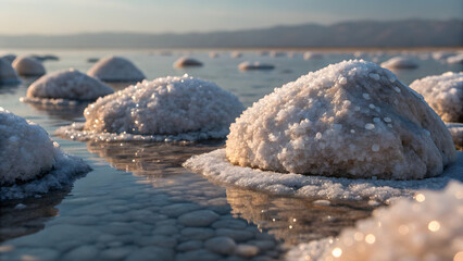 Salt Crystal Formation at the Dead Sea: A Photorealistic Nature Scene Captured Under Morning Light