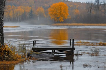 Autumn River Scene  Misty Lake  Wooden Dock  Golden Trees