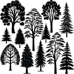 tree silhouette and Tropical leaves vector isolated on white background.