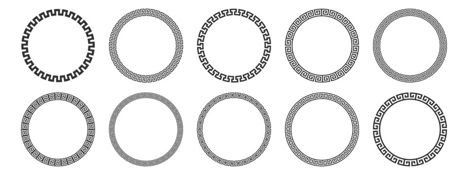 Collection of round greek key decorative vintage border frames. Circle frame with simple meander pattern. Decorative border, made of continuous lines, shaped into a seamless motif. 
