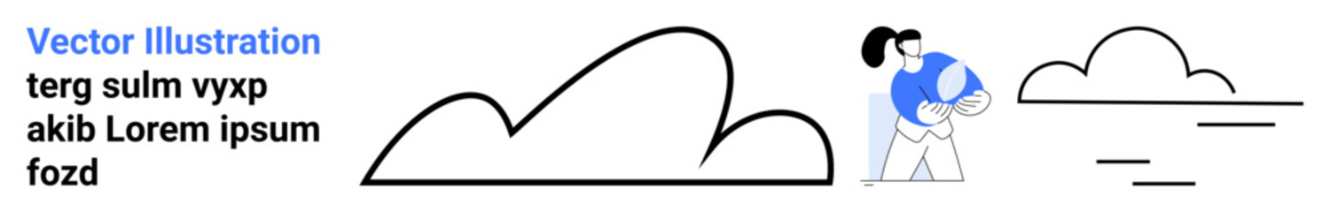 Woman interacting with a blue circular object among simplistic cloud designs and horizontal lines. Ideal for creativity, technology, environment, self-discovery, teamwork, design inspiration, simple