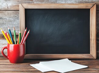 Blank Chalkboard with Colored Pencils and Paper on Wooden Background