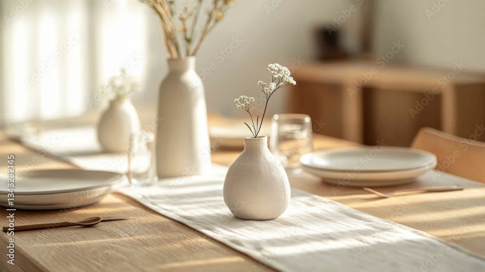 Poster In a warm and inviting dining area, a thoughtfully arranged table features simple ceramics, soft textiles, and delicate flowers, creating a calm atmosphere for shared meals