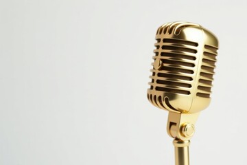Close-up shot of a single gold microphone isolated on white background, gold, object, rap