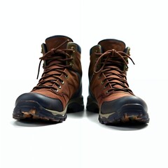 Worn Hiking Boots with Dirt and Rugged Soles, Isolated on White Background