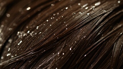 Obraz premium Close-up of wet dark brown hair strands with water droplets.