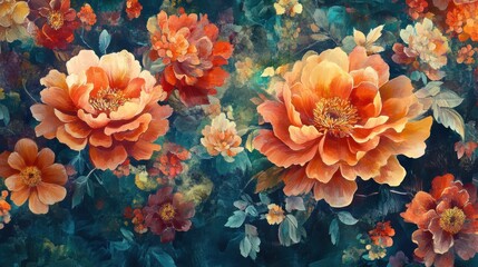 Fototapeta premium Pintura de flores hermosas en tonos naranjas y rojos