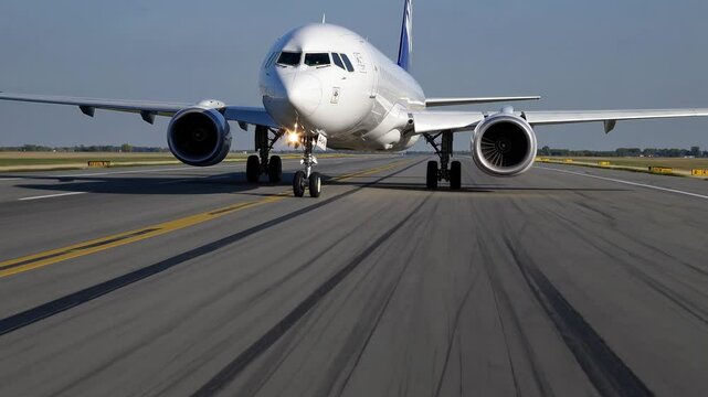 Passenger jet taking off from runway: aerial front view capturing powerful ascent and engine thrust