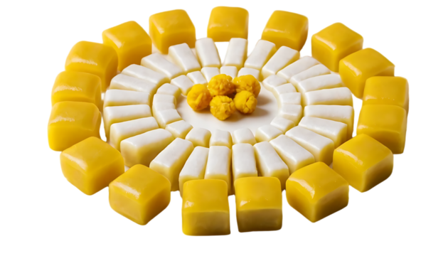 a ring of yellow candy squares around a circle of white candy pieces, punctuated by small, yellow candy balls