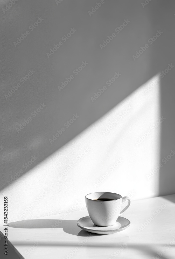 Aufkleber a white coffee cup rests on a clean table, illuminated by soft morning light. shadows dance across t