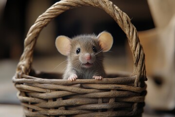 Cute mouse peeking from a woven basket on a rustic surface in a cozy indoor setting