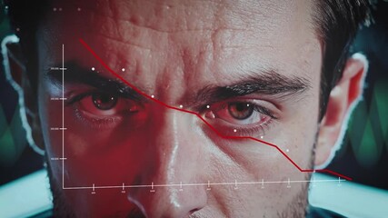 A man’s intense gaze is overlaid with a declining market chart, reflecting financial downturn. The dramatic lighting and sharp focus emphasize the tension and analytical nature of the scene - Powered by Adobe