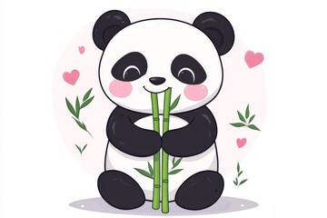 Obraz premium Cute panda enjoying bamboo in a playful and colorful illustration filled with hearts and greenery