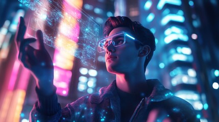 Futuristic Cityscape, Young Man Interacting with Hologram
