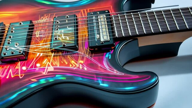 Electric Guitar: A close-up shot of a vibrant electric guitar with colorful glowing patterns and intricate details, embodying the fusion of music and technology, creating a harmonious blend.