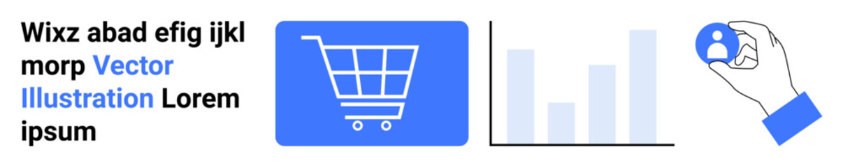 Shopping cart, bar graph, and hand holding user icon emphasize e-commerce, analytics, and user engagement. Ideal for retail, marketing, analytics, business strategy digital platforms online stores