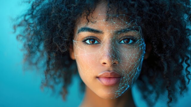 Young african female analyzing facial recognition technology with digital overlay