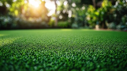 Naklejka premium Lush green lawn in sunlit garden with vibrant foliage and blurred background