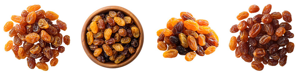 Obraz premium Close up of various types of dried fruits including raisins sultanas and other sweet nutritious snacks served in rustic wooden bowls on a table