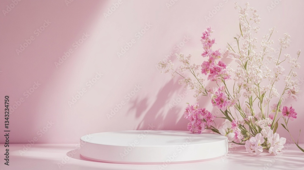 Poster a serene display features a smooth, round platform surrounded by delicate pink flowers set against a