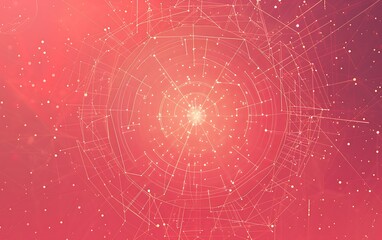 Obraz premium Red background, a circular icon in the middle of the screen, a flat geometric pattern, a light pink gradient, tiny white dots scattered across it, digital technology, high-definition. 