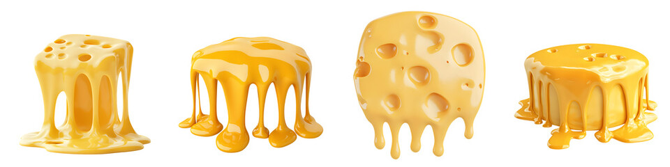 Close up of various shapes and textures of melted dripping golden cheese with a rich creamy appearance