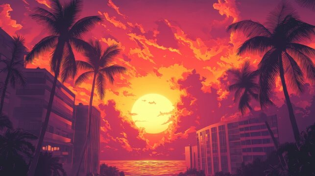Paisaje tropical al atardecer con palmeras y edificios
