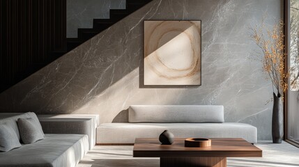 A marble wall with a modern art piece hanging on it,