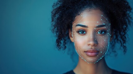 African female in facial recognition network with blue background