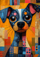 Colorful Abstract Digital Art of Playful Dog Portrait - Vibrant Canvas Wall Decoration and Poster Design